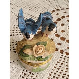 PORCELAIN bisque HINGED BOX Bird Blue Jays